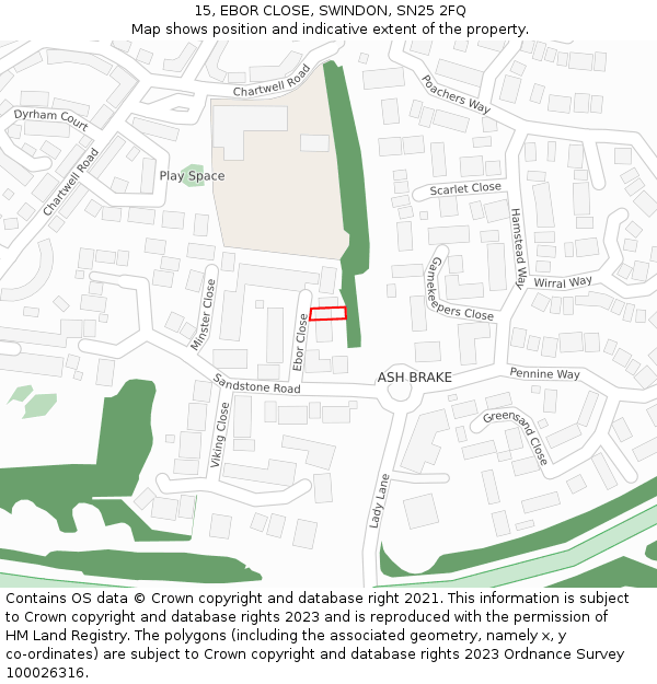 15, EBOR CLOSE, SWINDON, SN25 2FQ: Location map and indicative extent of plot