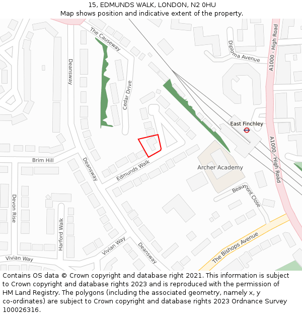 15, EDMUNDS WALK, LONDON, N2 0HU: Location map and indicative extent of plot