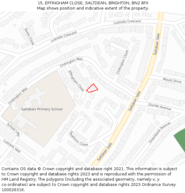 15, EFFINGHAM CLOSE, SALTDEAN, BRIGHTON, BN2 8FX: Location map and indicative extent of plot