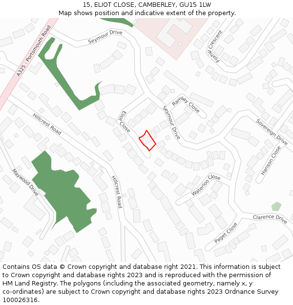 15, ELIOT CLOSE, CAMBERLEY, GU15 1LW: Location map and indicative extent of plot