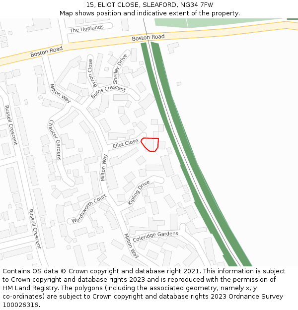 15, ELIOT CLOSE, SLEAFORD, NG34 7FW: Location map and indicative extent of plot