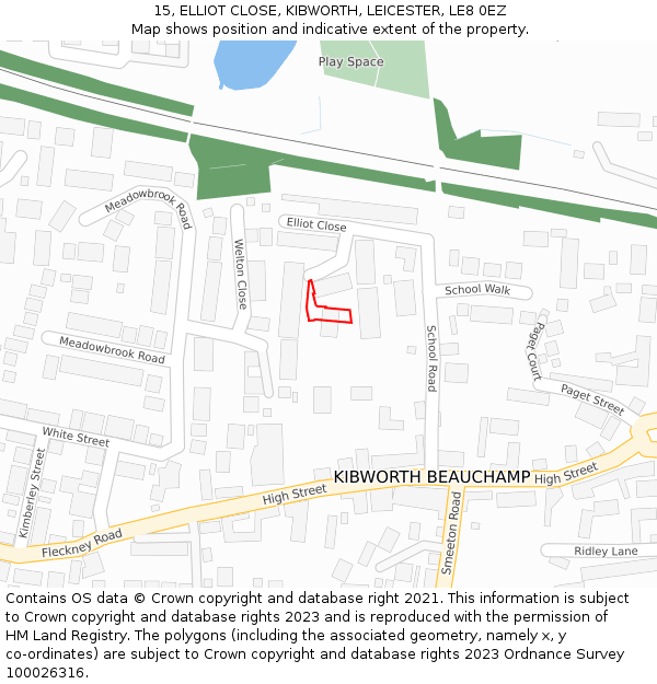 15, ELLIOT CLOSE, KIBWORTH, LEICESTER, LE8 0EZ: Location map and indicative extent of plot