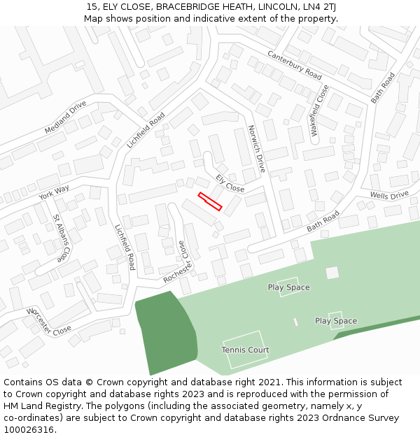 15, ELY CLOSE, BRACEBRIDGE HEATH, LINCOLN, LN4 2TJ: Location map and indicative extent of plot