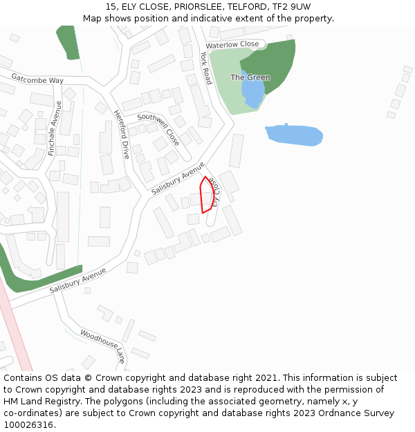 15, ELY CLOSE, PRIORSLEE, TELFORD, TF2 9UW: Location map and indicative extent of plot