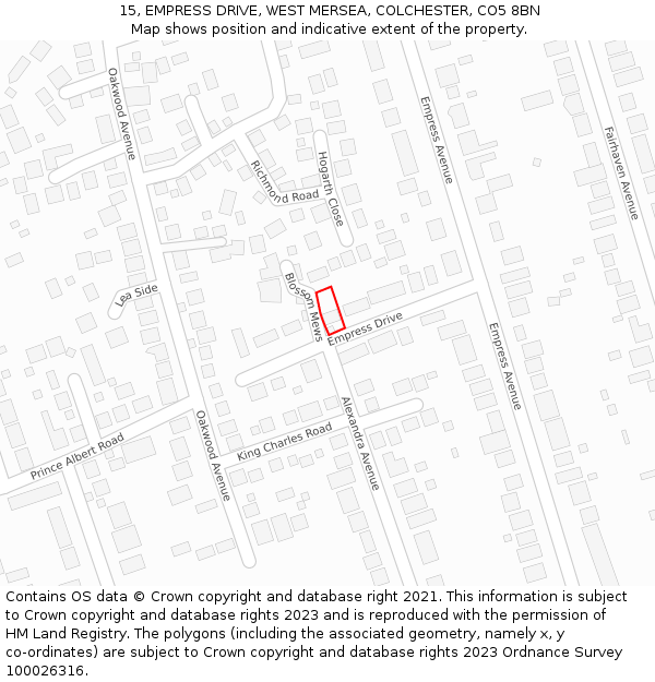 15, EMPRESS DRIVE, WEST MERSEA, COLCHESTER, CO5 8BN: Location map and indicative extent of plot