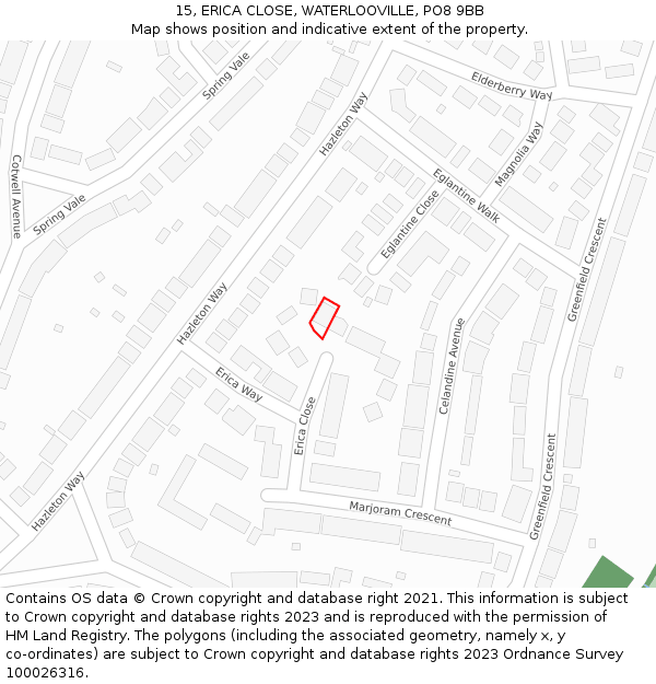 15, ERICA CLOSE, WATERLOOVILLE, PO8 9BB: Location map and indicative extent of plot