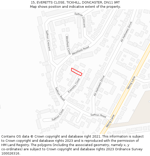 15, EVERETTS CLOSE, TICKHILL, DONCASTER, DN11 9RT: Location map and indicative extent of plot