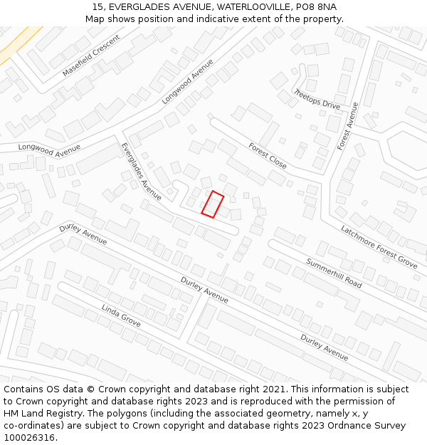 15, EVERGLADES AVENUE, WATERLOOVILLE, PO8 8NA: Location map and indicative extent of plot