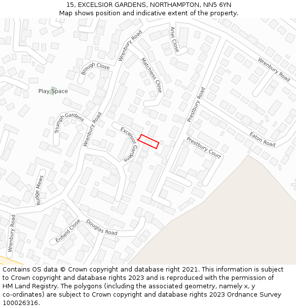 15, EXCELSIOR GARDENS, NORTHAMPTON, NN5 6YN: Location map and indicative extent of plot