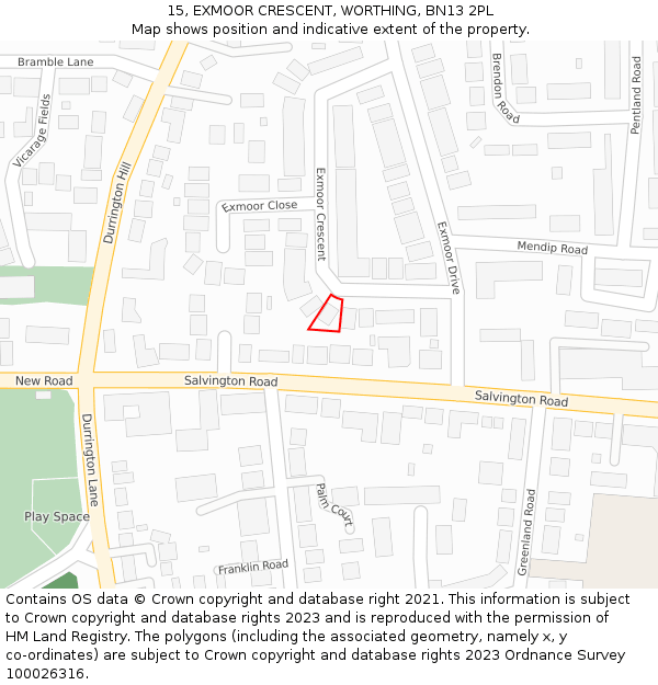 15, EXMOOR CRESCENT, WORTHING, BN13 2PL: Location map and indicative extent of plot