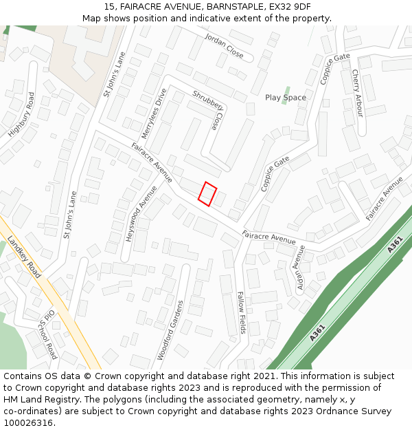 15, FAIRACRE AVENUE, BARNSTAPLE, EX32 9DF: Location map and indicative extent of plot