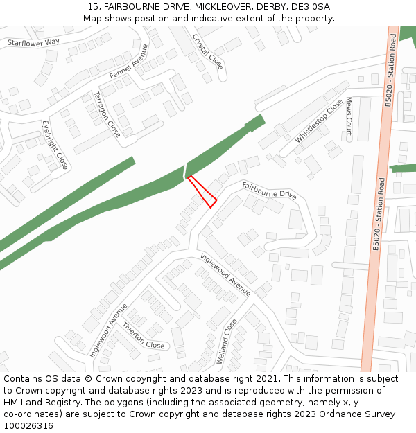 15, FAIRBOURNE DRIVE, MICKLEOVER, DERBY, DE3 0SA: Location map and indicative extent of plot