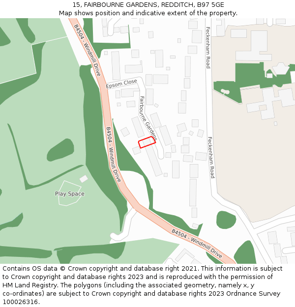 15, FAIRBOURNE GARDENS, REDDITCH, B97 5GE: Location map and indicative extent of plot