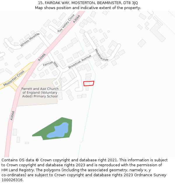 15, FAIROAK WAY, MOSTERTON, BEAMINSTER, DT8 3JQ: Location map and indicative extent of plot