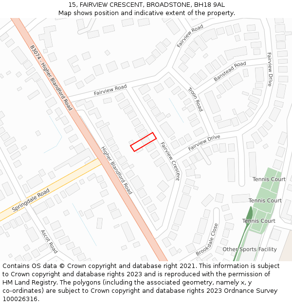 15, FAIRVIEW CRESCENT, BROADSTONE, BH18 9AL: Location map and indicative extent of plot