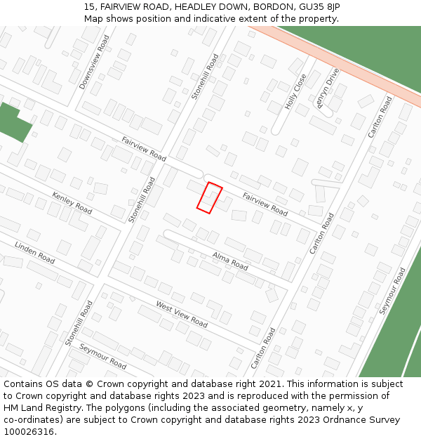 15, FAIRVIEW ROAD, HEADLEY DOWN, BORDON, GU35 8JP: Location map and indicative extent of plot