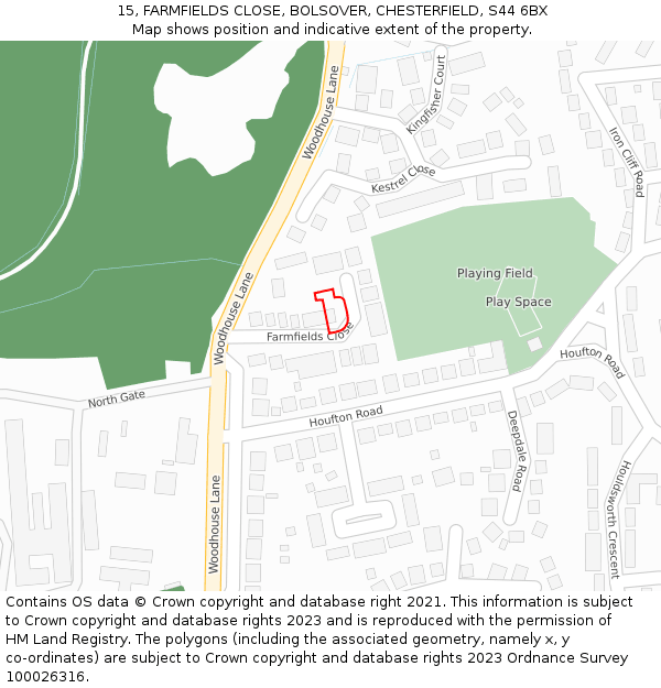 15, FARMFIELDS CLOSE, BOLSOVER, CHESTERFIELD, S44 6BX: Location map and indicative extent of plot