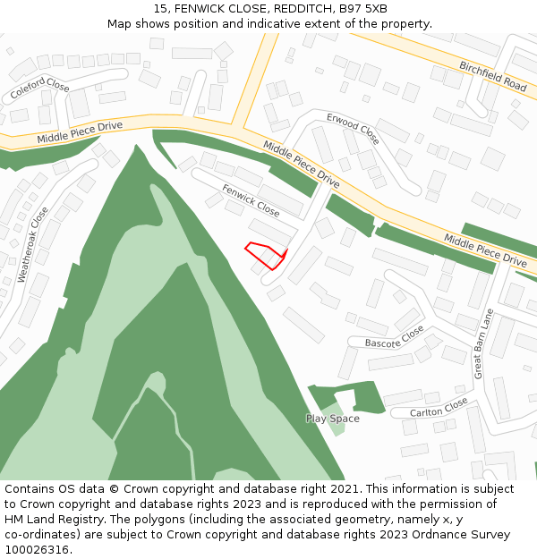 15, FENWICK CLOSE, REDDITCH, B97 5XB: Location map and indicative extent of plot