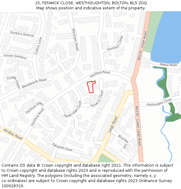 15, FENWICK CLOSE, WESTHOUGHTON, BOLTON, BL5 2GQ: Location map and indicative extent of plot