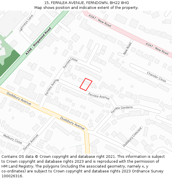 15, FERNLEA AVENUE, FERNDOWN, BH22 8HG: Location map and indicative extent of plot