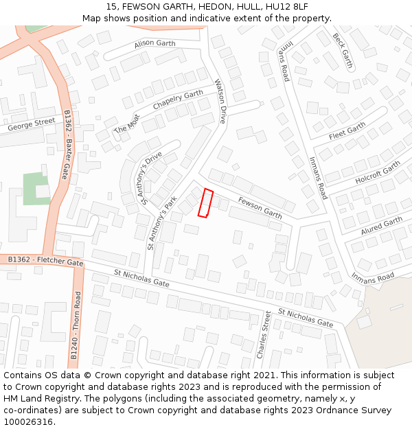 15, FEWSON GARTH, HEDON, HULL, HU12 8LF: Location map and indicative extent of plot