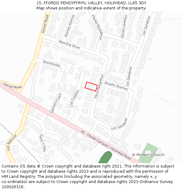 15, FFORDD PENDYFFRYN, VALLEY, HOLYHEAD, LL65 3DY: Location map and indicative extent of plot