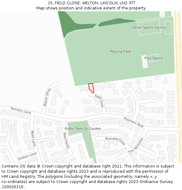 15, FIELD CLOSE, WELTON, LINCOLN, LN2 3TT: Location map and indicative extent of plot
