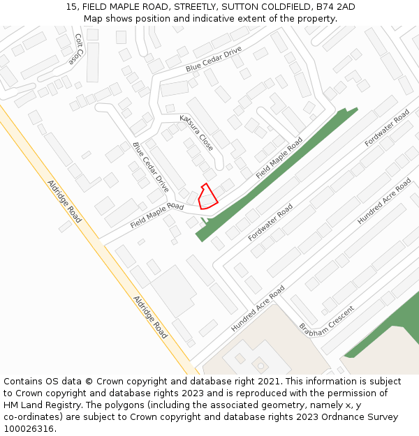 15, FIELD MAPLE ROAD, STREETLY, SUTTON COLDFIELD, B74 2AD: Location map and indicative extent of plot