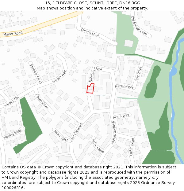 15, FIELDFARE CLOSE, SCUNTHORPE, DN16 3GG: Location map and indicative extent of plot