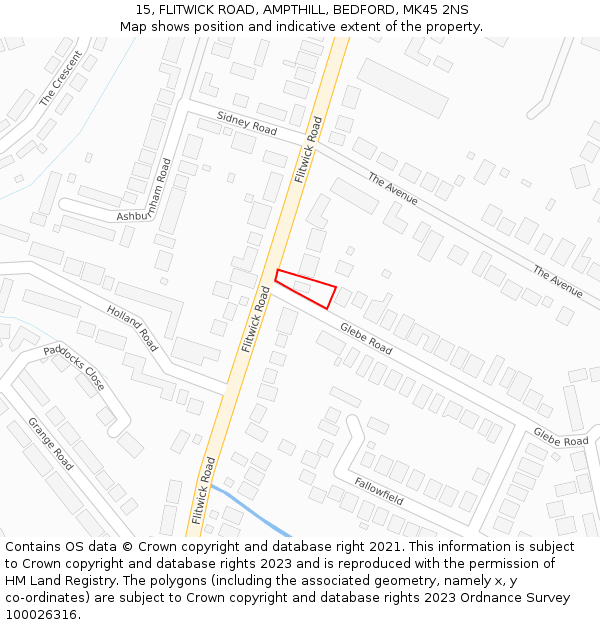 15, FLITWICK ROAD, AMPTHILL, BEDFORD, MK45 2NS: Location map and indicative extent of plot