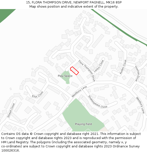 15, FLORA THOMPSON DRIVE, NEWPORT PAGNELL, MK16 8SP: Location map and indicative extent of plot