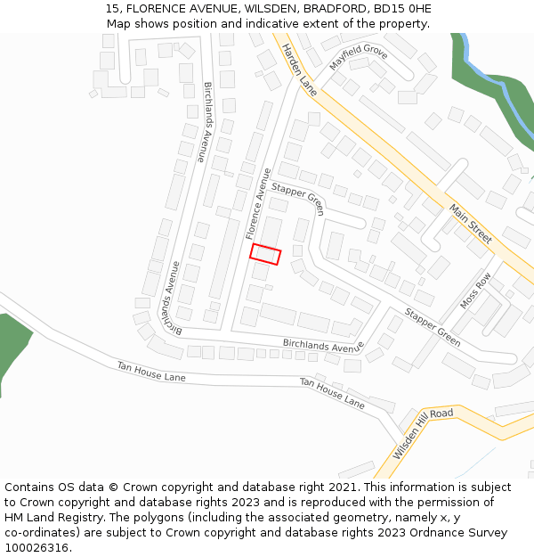 15, FLORENCE AVENUE, WILSDEN, BRADFORD, BD15 0HE: Location map and indicative extent of plot