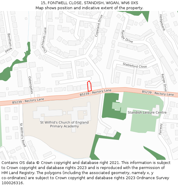 15, FONTWELL CLOSE, STANDISH, WIGAN, WN6 0XS: Location map and indicative extent of plot