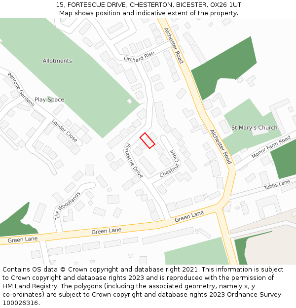 15, FORTESCUE DRIVE, CHESTERTON, BICESTER, OX26 1UT: Location map and indicative extent of plot