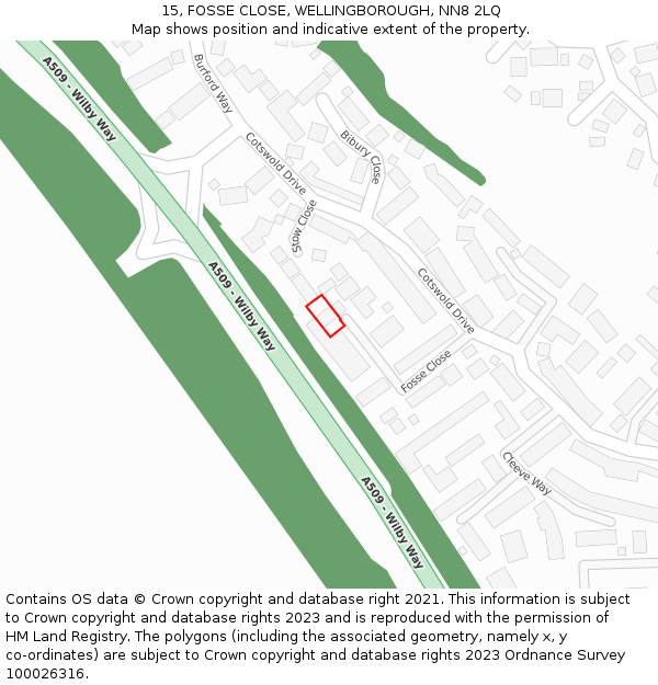 15, FOSSE CLOSE, WELLINGBOROUGH, NN8 2LQ: Location map and indicative extent of plot