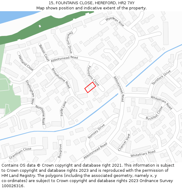 15, FOUNTAINS CLOSE, HEREFORD, HR2 7XY: Location map and indicative extent of plot