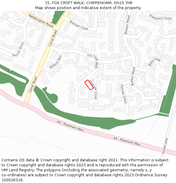 15, FOX CROFT WALK, CHIPPENHAM, SN15 3YB: Location map and indicative extent of plot