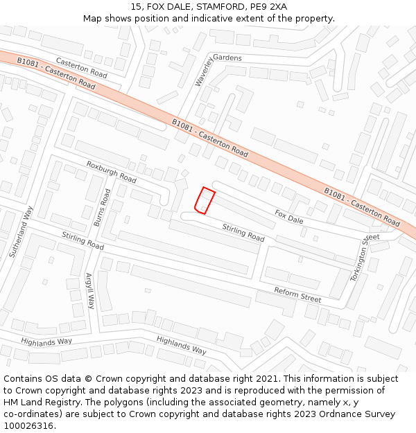 15, FOX DALE, STAMFORD, PE9 2XA: Location map and indicative extent of plot