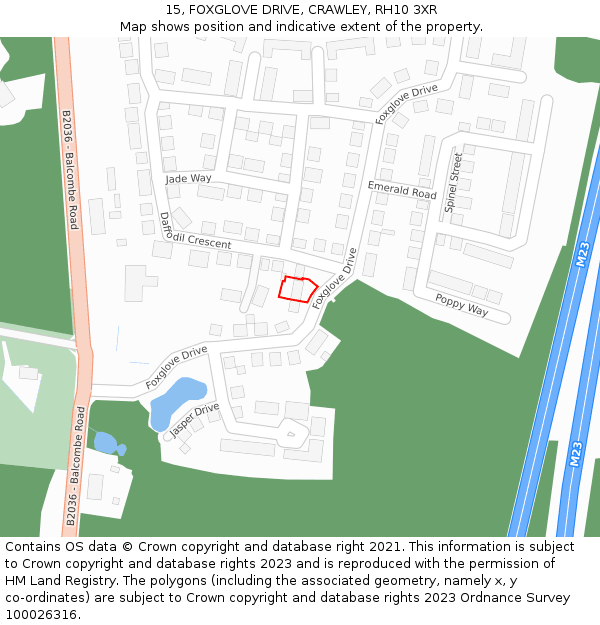 15, FOXGLOVE DRIVE, CRAWLEY, RH10 3XR: Location map and indicative extent of plot
