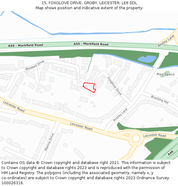 15, FOXGLOVE DRIVE, GROBY, LEICESTER, LE6 0DL: Location map and indicative extent of plot