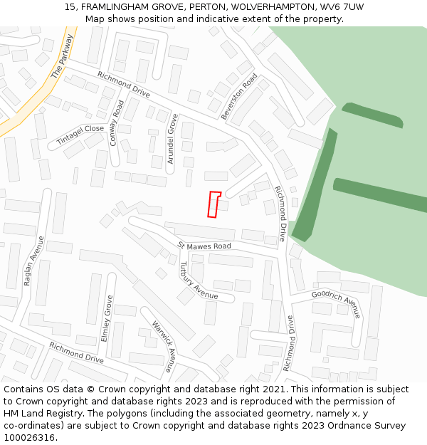 15, FRAMLINGHAM GROVE, PERTON, WOLVERHAMPTON, WV6 7UW: Location map and indicative extent of plot