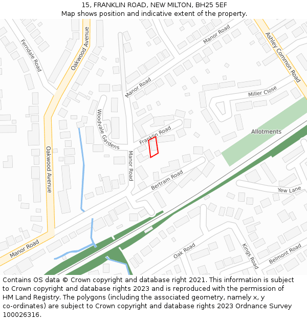 15, FRANKLIN ROAD, NEW MILTON, BH25 5EF: Location map and indicative extent of plot