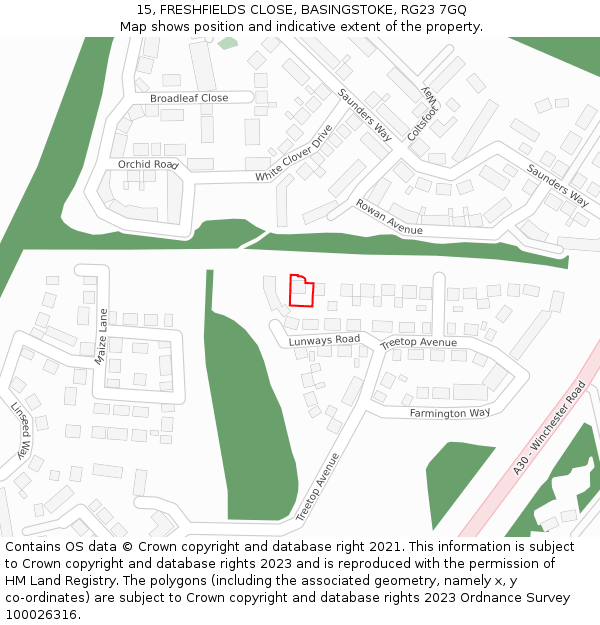 15, FRESHFIELDS CLOSE, BASINGSTOKE, RG23 7GQ: Location map and indicative extent of plot