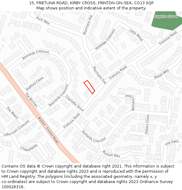 15, FRIETUNA ROAD, KIRBY CROSS, FRINTON-ON-SEA, CO13 0QP: Location map and indicative extent of plot