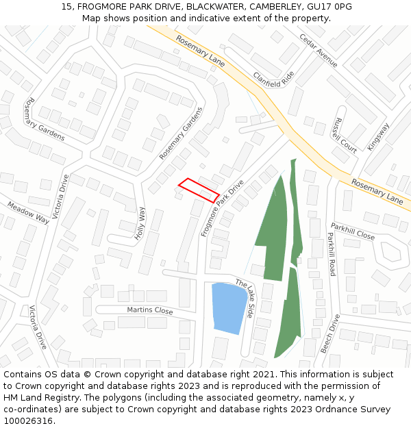 15, FROGMORE PARK DRIVE, BLACKWATER, CAMBERLEY, GU17 0PG: Location map and indicative extent of plot