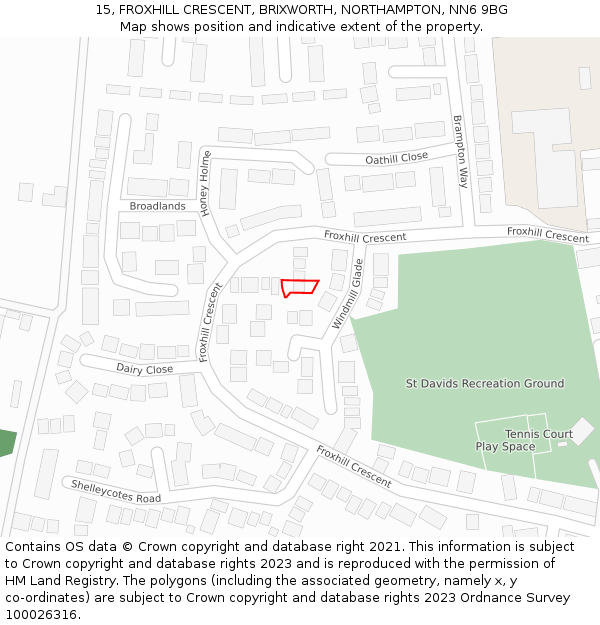 15, FROXHILL CRESCENT, BRIXWORTH, NORTHAMPTON, NN6 9BG: Location map and indicative extent of plot