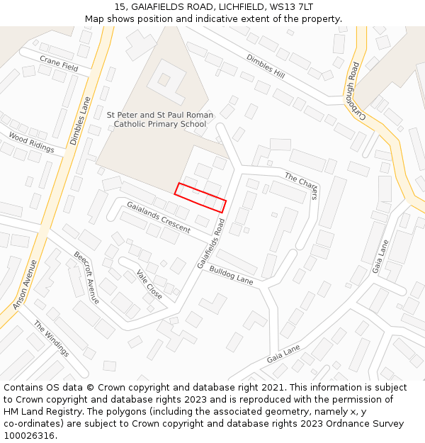 15, GAIAFIELDS ROAD, LICHFIELD, WS13 7LT: Location map and indicative extent of plot
