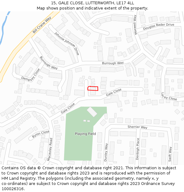 15, GALE CLOSE, LUTTERWORTH, LE17 4LL: Location map and indicative extent of plot