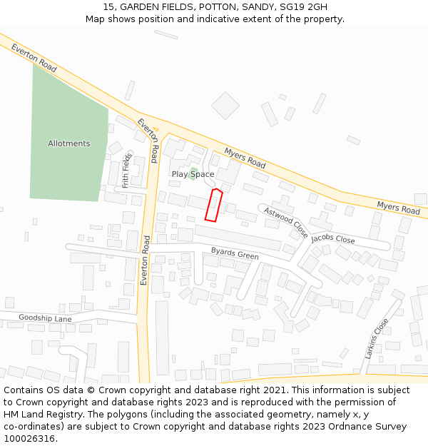 15, GARDEN FIELDS, POTTON, SANDY, SG19 2GH: Location map and indicative extent of plot