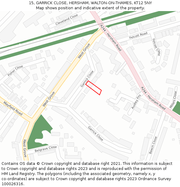 15, GARRICK CLOSE, HERSHAM, WALTON-ON-THAMES, KT12 5NY: Location map and indicative extent of plot